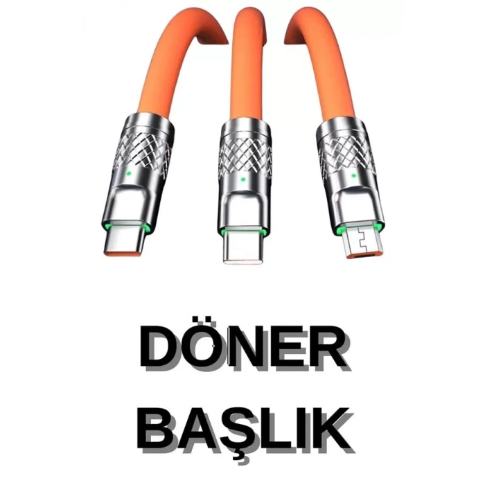 3 İn 1 Süper Hızlı Şarj Kablosu Android ve İOS Uyumlu Silikon Şarj Kablosu