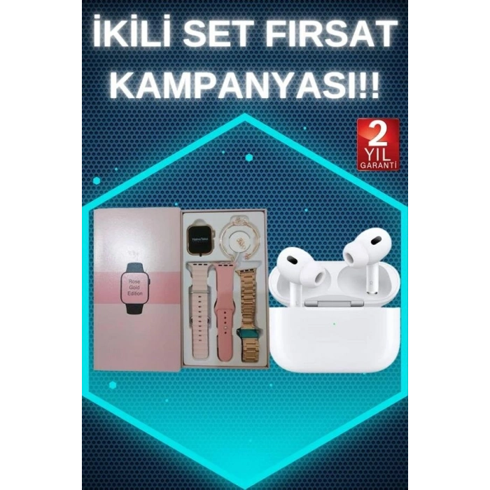 3 Kordonlu Pembe Amoled Ekran Akıllı Saat ve Yeni Nesil Pro Kablosuz Bluetooth Kulaklık ANC/ENC