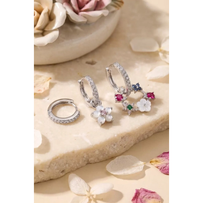 3 lü Set Gümüş Renk Çiçek Model Küpe TJ-BKP11963