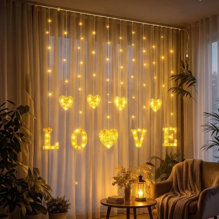 3 Metre Perde Led Işık - 8 Modlu Kalp ve LOVE Figürlü Dekoratif Animasyonlu Led