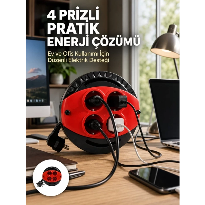 3 Metre Uzatma Kablolu 4 Prizli Makara Kırmızı