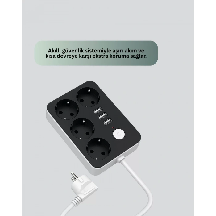3 USB Çıkışlı 4’lü Akıllı Priz 2500W 2 Metre Kablo