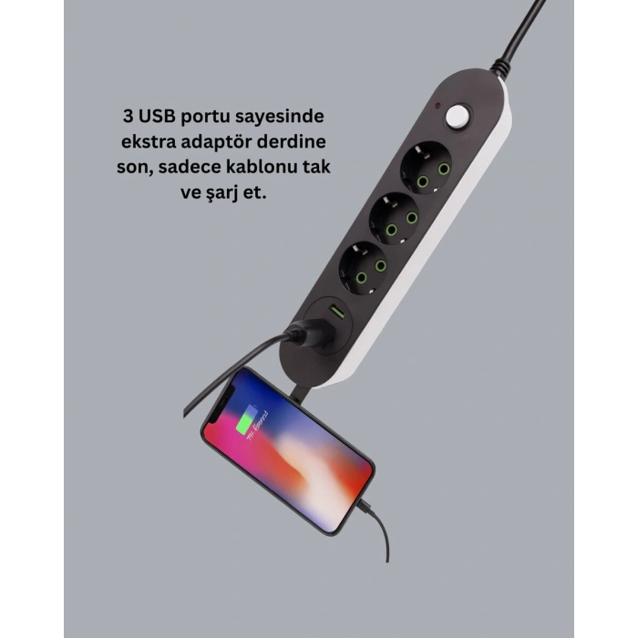 3 USB Çıkışlı Hızlı Şarjlı Anahtarlı Üçlü Priz