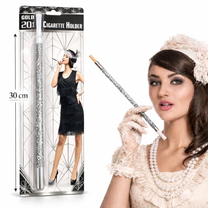 30 cm Gümüş Payetli Sigara Tutacağı – 1920’ler Gatsby Parti Aksesuarı