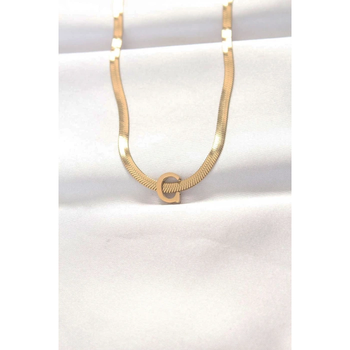 316L Çelik C Harfli Gold Renk İtalyan Zincirli Kolye 5886