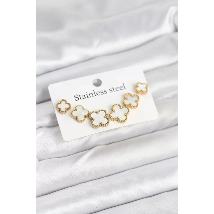 316L Çelik Gold Beyaz Renk 3 Boy Yonca Küpe Seti TJ-BKP11237