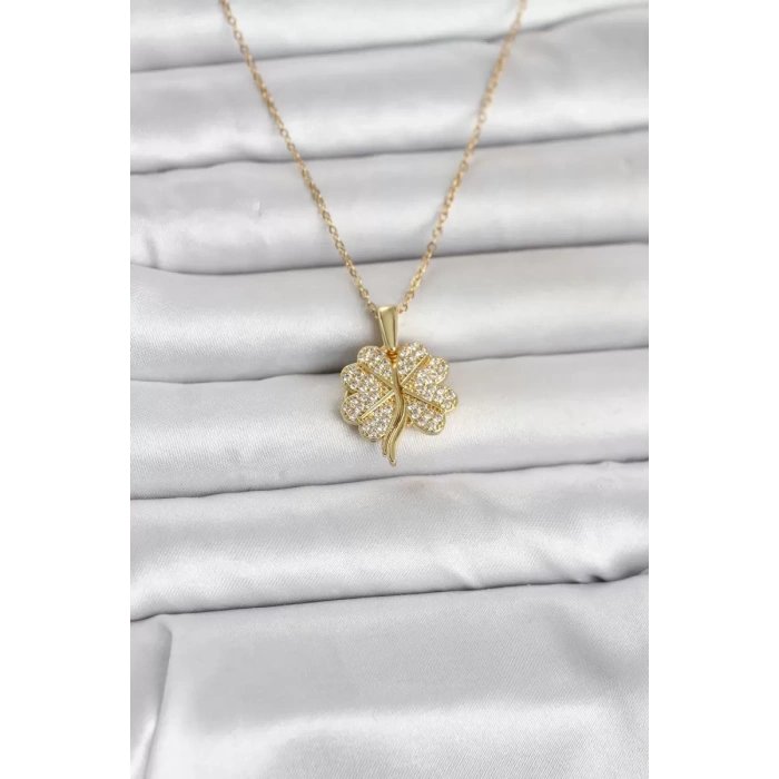 316L Çelik Gold Renk Açılabilir Yonca Model Zirkon Taşlı Kadın Kolye - TJ-BKO11048