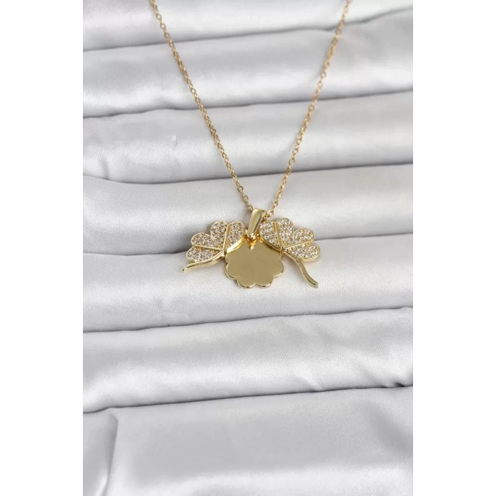 316L Çelik Gold Renk Açılabilir Yonca Model Zirkon Taşlı Kadın Kolye - TJ-BKO11048