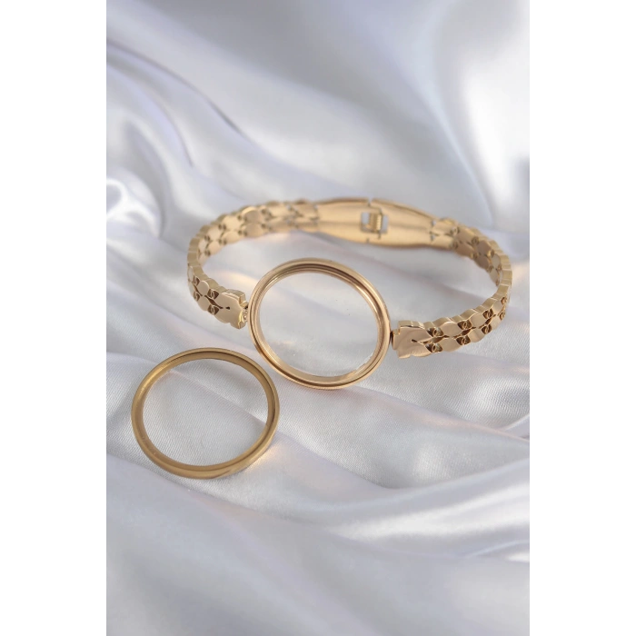316L Çelik Gold Renk Arpa İşleme Açılabilir Fanus Model Kadın Kelepçe 5886