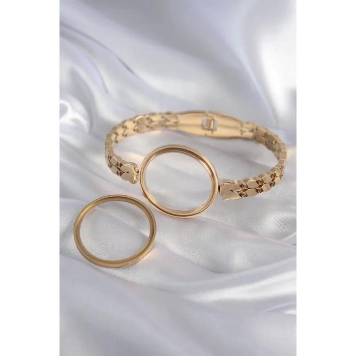 316L Çelik Gold Renk Arpa İşleme Açılabilir Fanus Model Kadın Kelepçe - TJ-BB5911