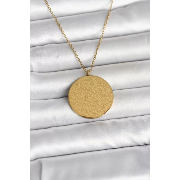 316L Çelik Gold Renk Ayetel Kürsi ve Allah Yazılı Kolye - TJ-BKO11055
