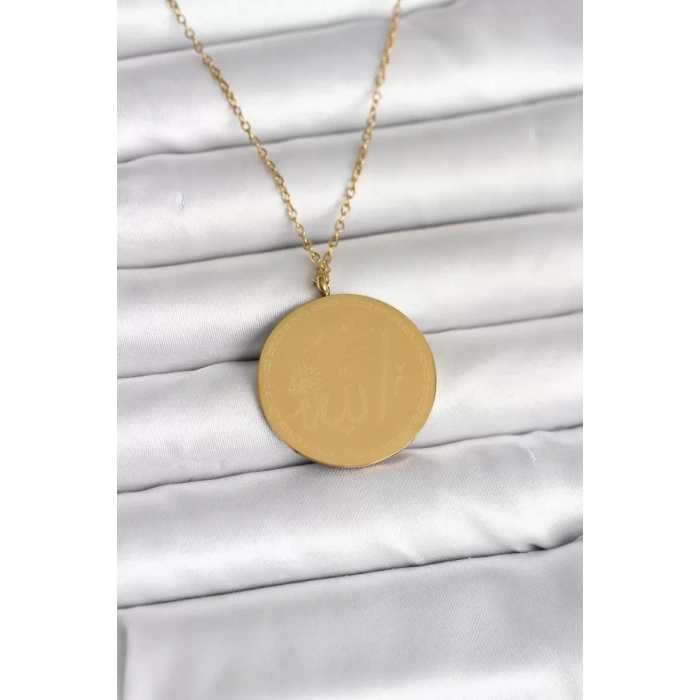 316L Çelik Gold Renk Ayetel Kürsi ve Allah Yazılı Kolye - TJ-BKO11055