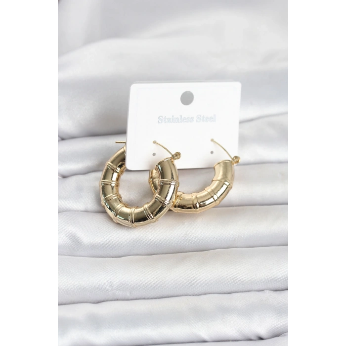 316L Çelik Gold Renk Bambu Model Halka Kadın Küpe 5886