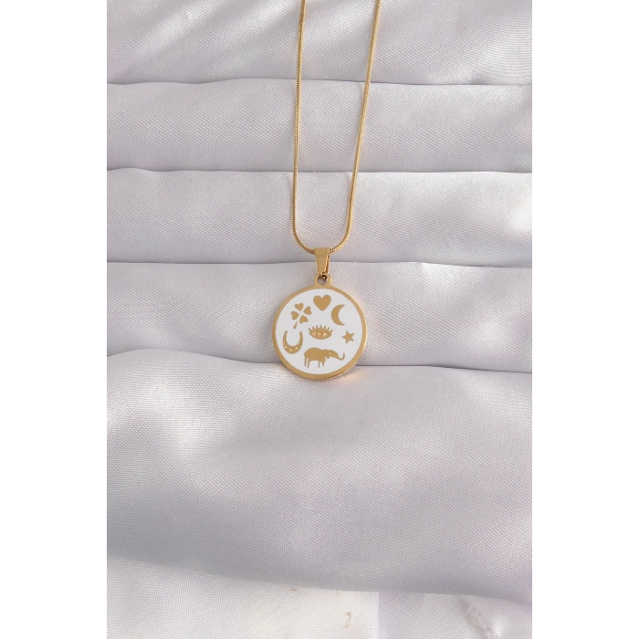 316L Çelik Gold Renk Beyaz Mineli Karışık Figürlü Tarot Kolye 5886