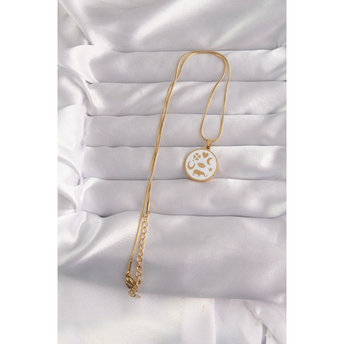 316L Çelik Gold Renk Beyaz Mineli Karışık Figürlü Tarot Kolye 5886