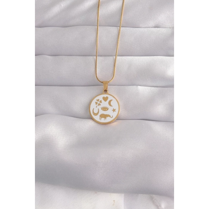 316L Çelik Gold Renk Beyaz Mineli Karışık Figürlü Tarot Kolye - TJ-BKO9041
