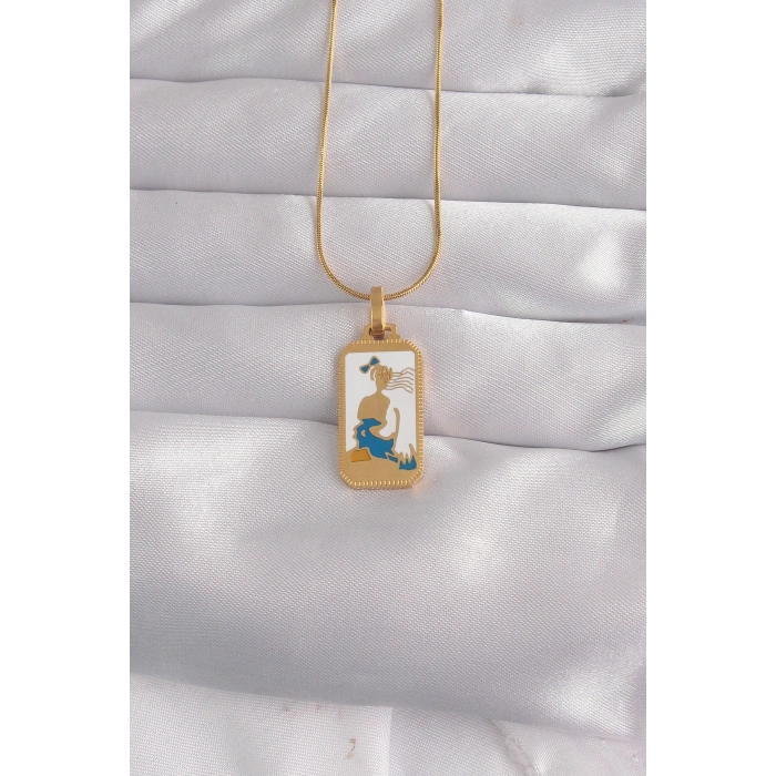 316L Çelik Gold Renk Beyaz Mineli Kız Figür Tarot Kolye 5886