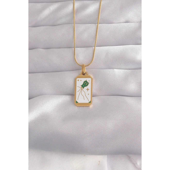 316L Çelik Gold Renk Beyaz Mineli Tarot Kolye 5886