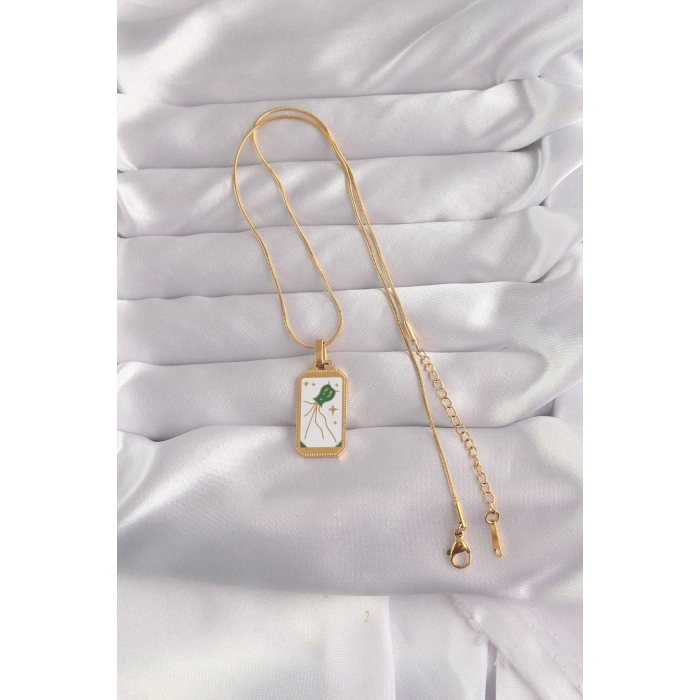 316L Çelik Gold Renk Beyaz Mineli Tarot Kolye 5886