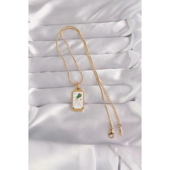 316L Çelik Gold Renk Beyaz Mineli Tarot Kolye - TJ-BKO9039