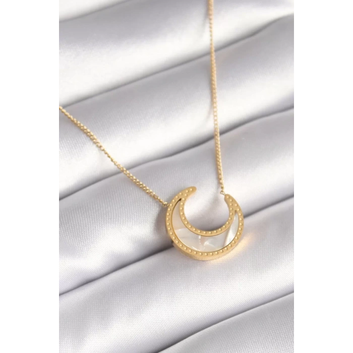 316L Çelik Gold Renk Beyaz Sedefli Hilal Model Kadın Kolye - TJ-BKO8362
