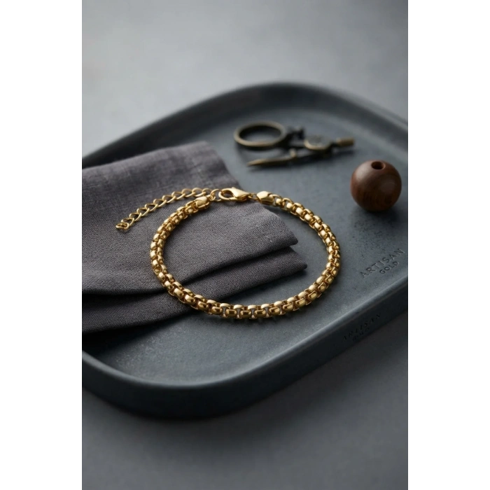 316L Çelik Gold Renk Box Zincir Model Erkek Bileklik