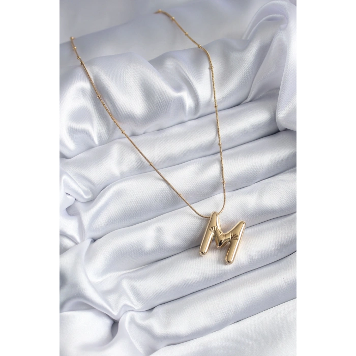 316L Çelik Gold Renk Bubble M Harf Model Kadın Kolye 5886