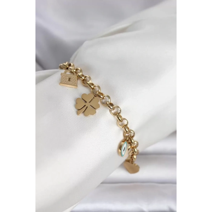 316L Çelik Gold Renk Charmlı Kadın Bileklik - TJ-BB8382