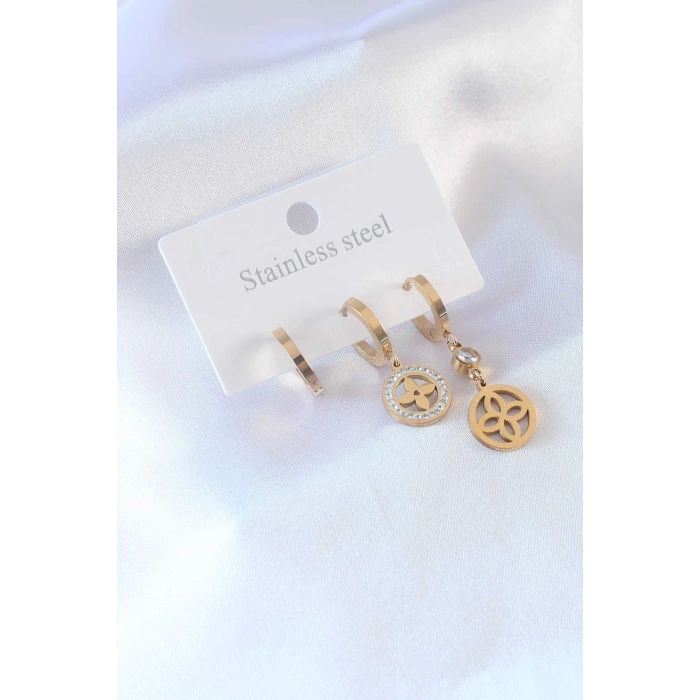 316L Çelik Gold Renk Çiçek Model Zirkon Taşlı Kadın Küpe 5886