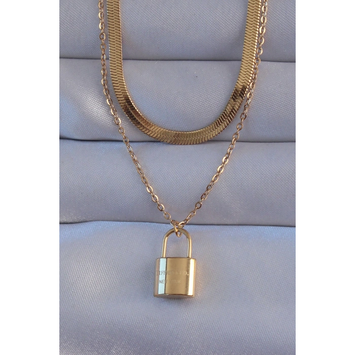 316L Çelik Gold Renk Çift Zincir Kilit Model Kolye 5886