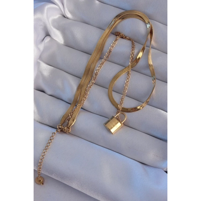 316L Çelik Gold Renk Çift Zincir Kilit Model Kolye - TJ-BKO8941