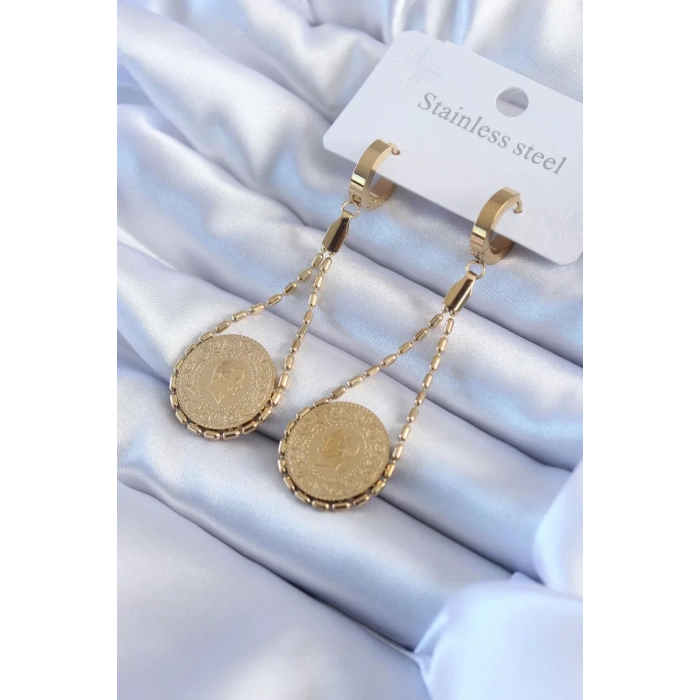 316L Çelik Gold Renk Çyrek Model Kadın Küpe - TJ-BKP8017