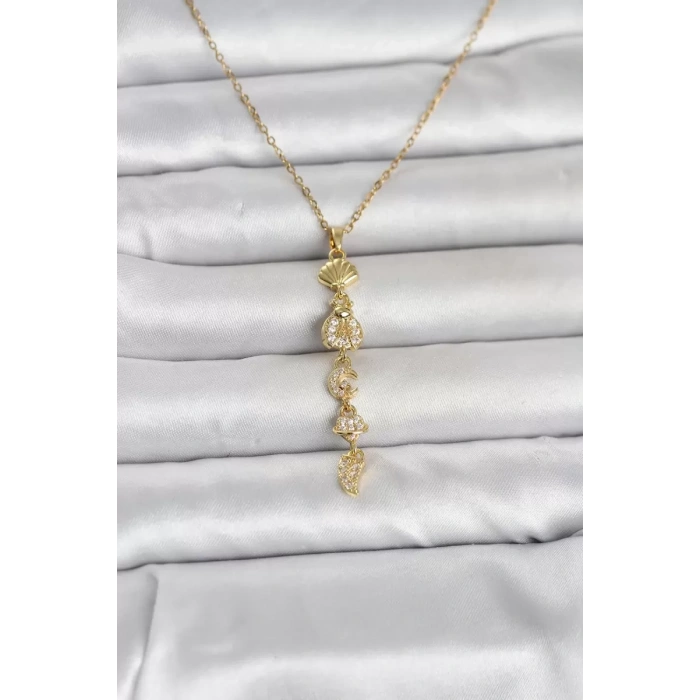 316L Çelik Gold Renk Deniz Temalı Y Model Zirkon Taşlı Kadın Kolye - TJ-BKO11051