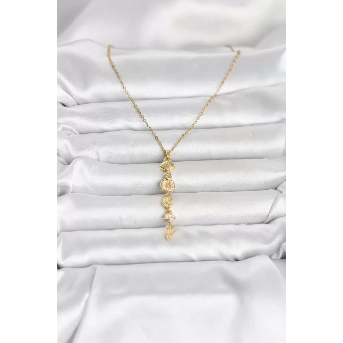 316L Çelik Gold Renk Deniz Temalı Y Model Zirkon Taşlı Kadın Kolye - TJ-BKO11051