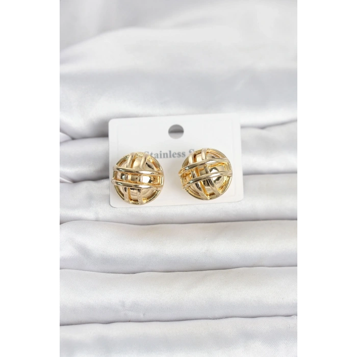 316L Çelik Gold Renk Desenli Top Model Kadın Küpe 5886