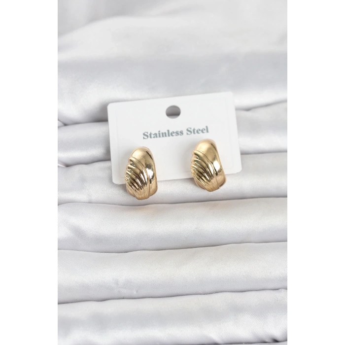 316L Çelik Gold Renk Desenli Yarım Halka Model Kadın Küpe 5886