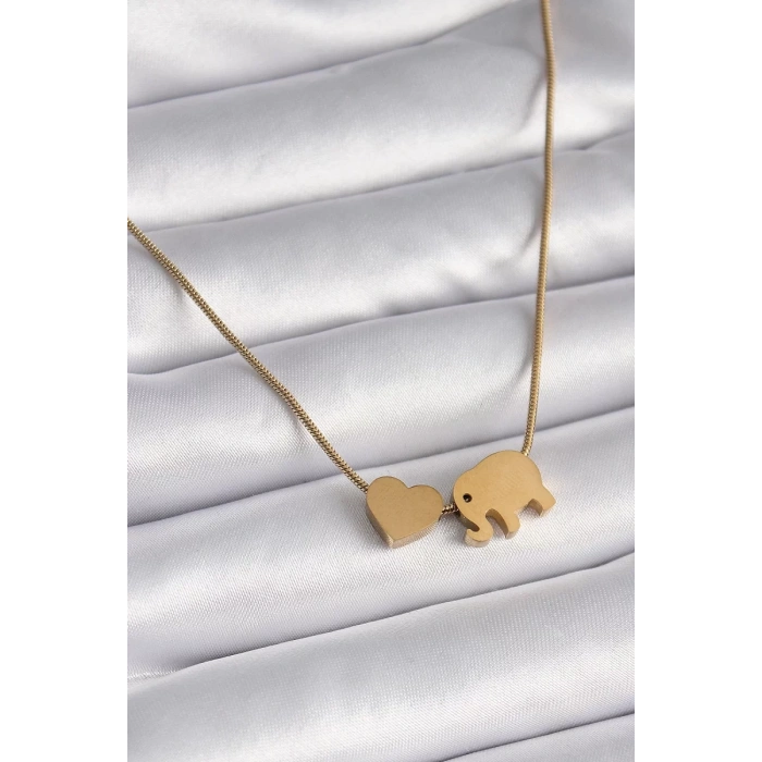 316L Çelik Gold Renk Fil Kalp Figürlü Kadın Kolye - TJ-BKO9421