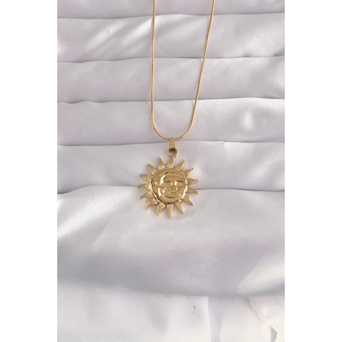 316L Çelik Gold Renk Güneş Figür Vintage Kolye - TJ-BKO9060
