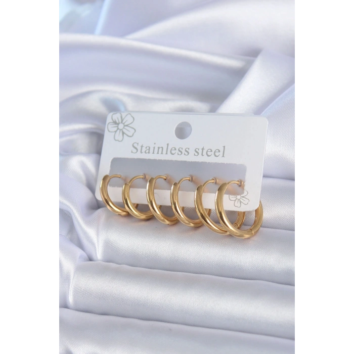 316L Çelik Gold Renk Halka Model Kadın Küpe Seti 5886