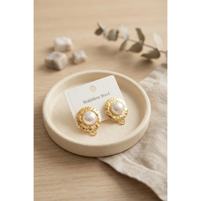316L Çelik Gold Renk İncili Model Küpe