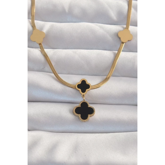 316L Çelik Gold Renk İtalyan Zincirli Mineli Yonca Kolye - TJ-BKO8969