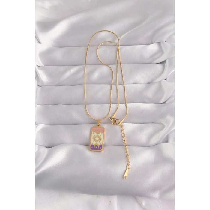 316L Çelik Gold Renk Karışık Mineli Ay Figür Tarot Kolye 5886