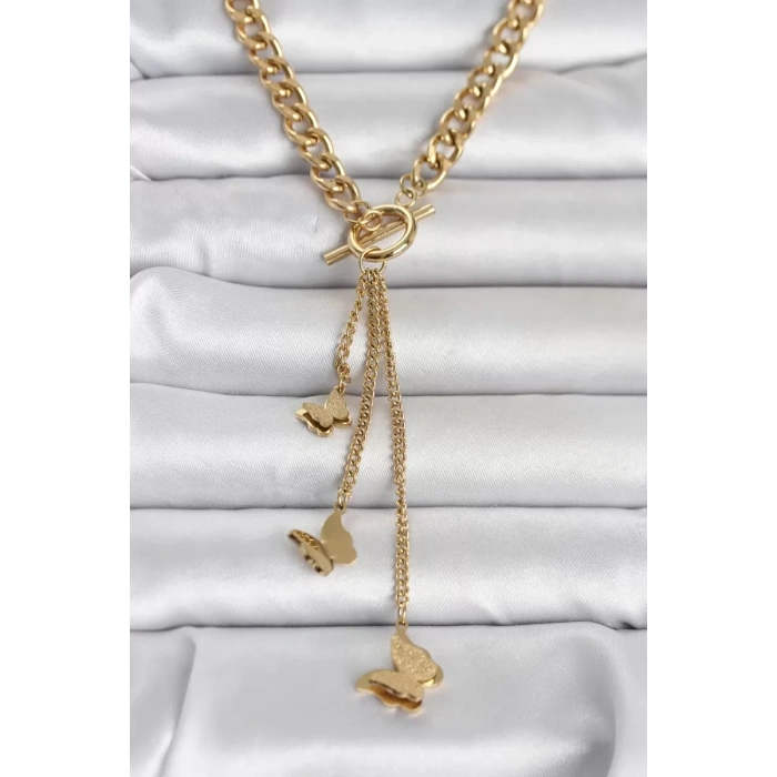 316L Çelik Gold Renk Kelebek Sallantılı Kadın Kolye - TJ-BKO11043