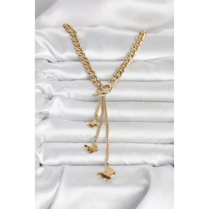 316L Çelik Gold Renk Kelebek Sallantılı Kadın Kolye - TJ-BKO11043