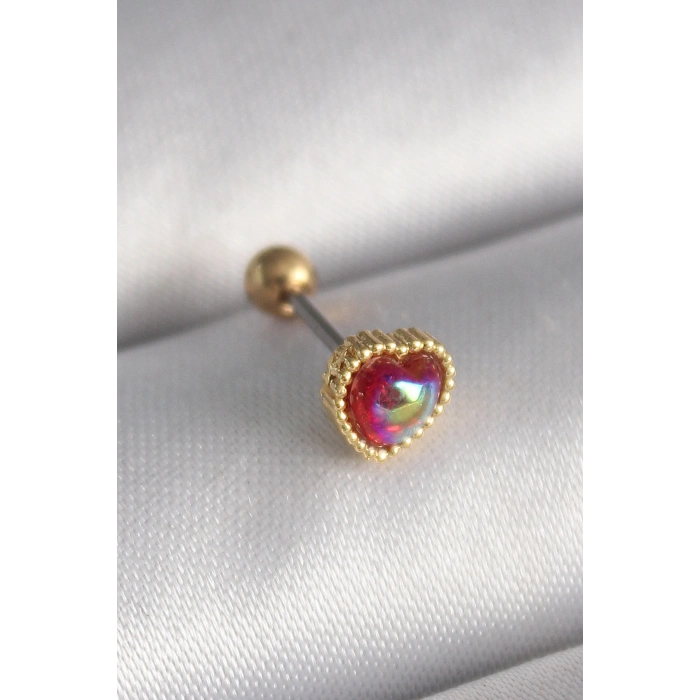 316L Çelik Gold Renk Kırmızı Mineli Kalp Tragus Piercing 5886