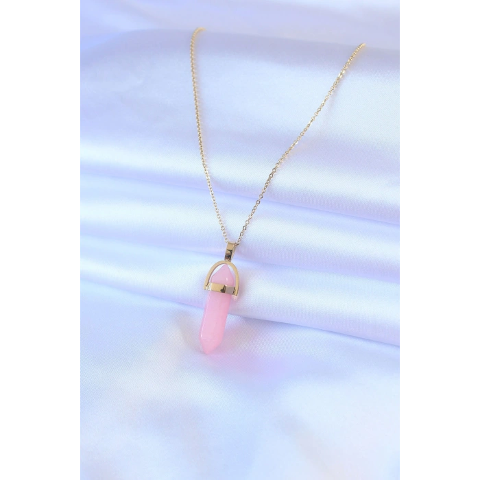 316L Çelik Gold Renk Kristal Pembe Taş Model Kadın kolye 5886