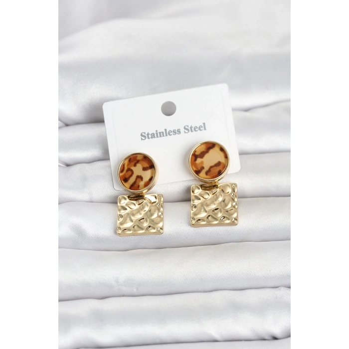 316L Çelik Gold Renk Leopar Desenli Plaka Model Kadın Küpe 5886