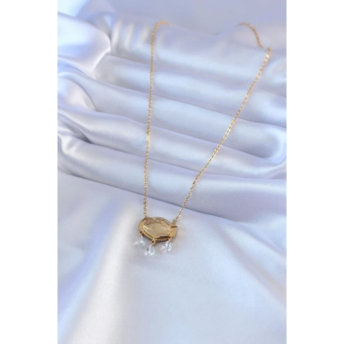 316L Çelik Gold Renk Lotus Model Zirkon Taşlı Kadın Kolye - TJ-BKO7578