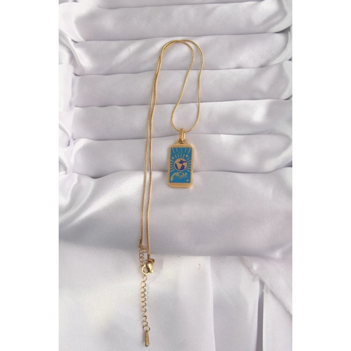 316L Çelik Gold Renk Mavi Mineli El Figür Tarot Kolye - TJ-BKO9040