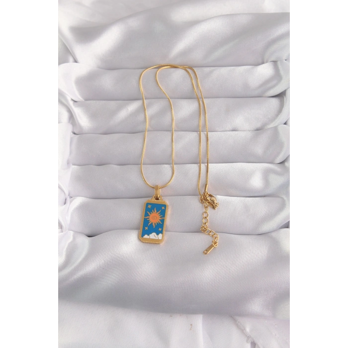 316L Çelik Gold Renk Mavi Mineli Güneş Model Tarot Kolye 5886